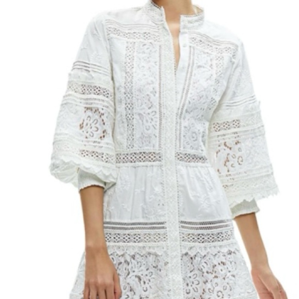 Alice + Olivia White Sundress with 3/4 Bishop Sleeves and Mandarin Collar